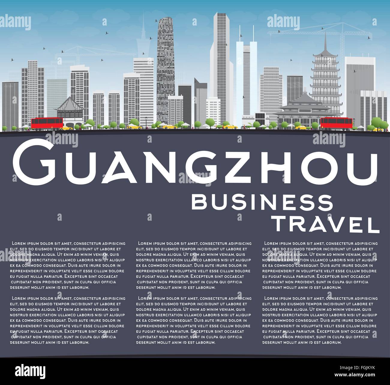 Guangzhou-Skyline mit grauen Gebäuden und Textfreiraum. Vektor-Illustration. Geschäftsreisen und Tourismus-Konzept Stock Vektor