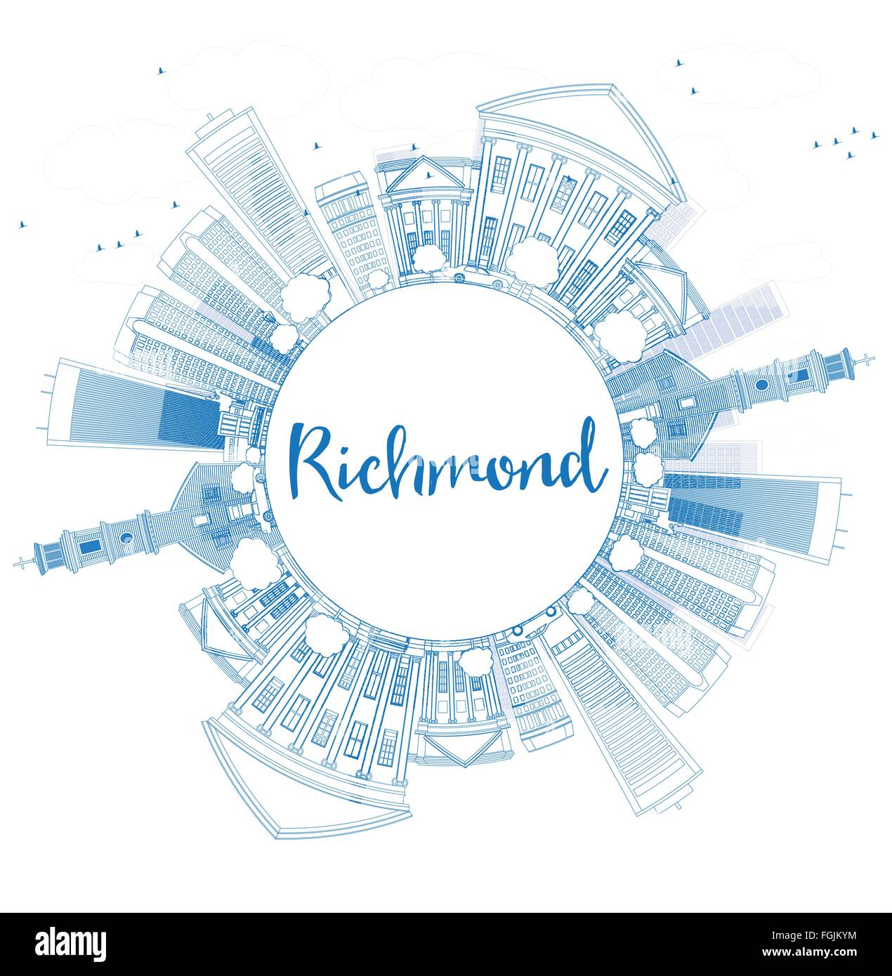 Umriss Richmond (Virginia) mit blauen Gebäuden und textfreiraum Skyline. Vektor-Illustration. Geschäftsreisen und Tourismus-Konzept Stock Vektor