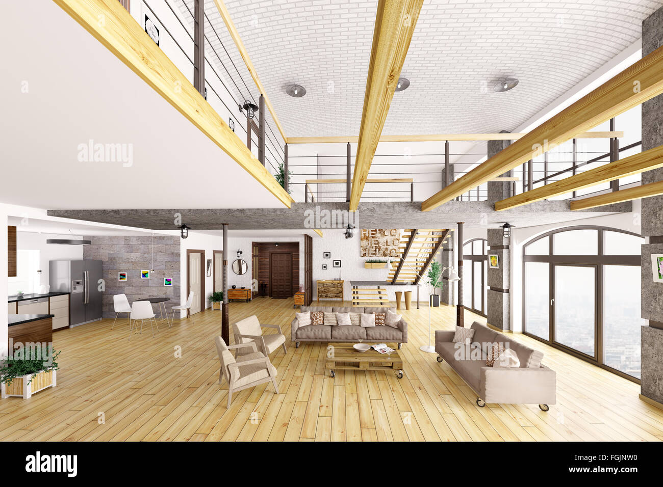 Loft Apartment Innenraum, Wohnzimmer, Flur, Küche, Treppenhaus, 3D-Rendering Stockfoto