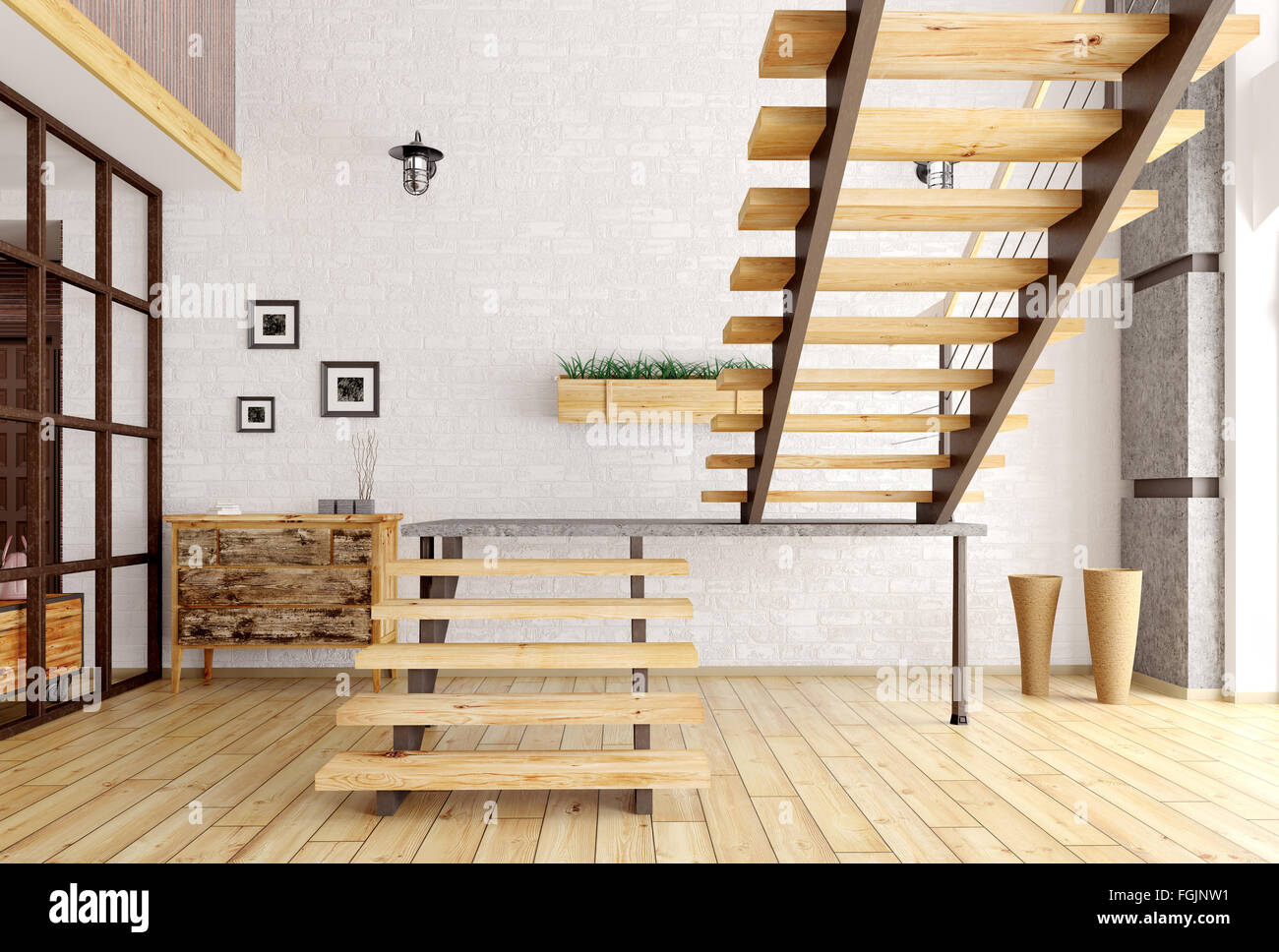 Modernes Interieur aus einem Zimmer mit Treppe, 3D-Rendering Stockfoto