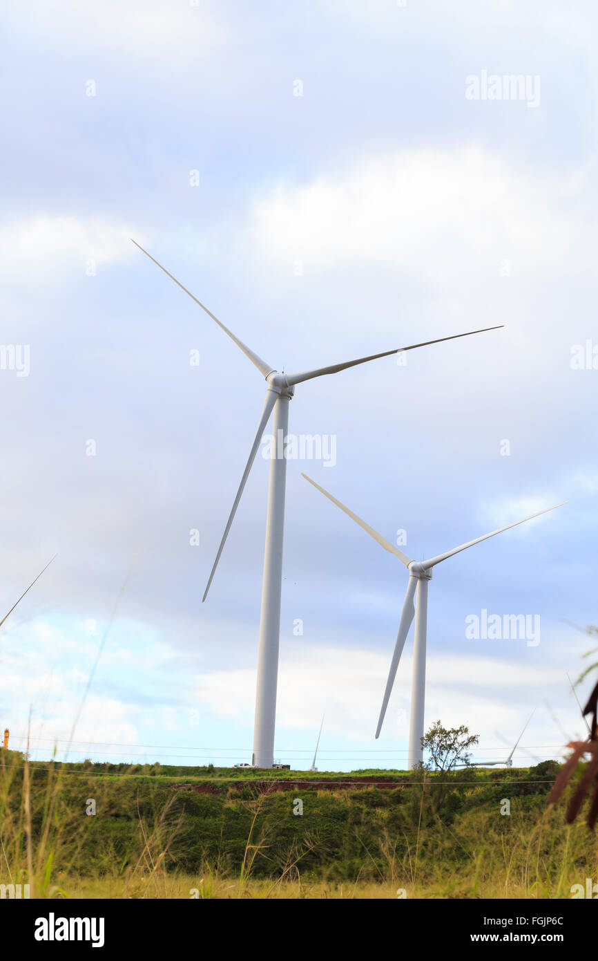 Grüner Energie ist bei dieser massiven Windpark wo Turbinen die Hügel in Oahu Hawaii Linie gelagert. Nachhaltige, erneuerbare Energien Stockfoto