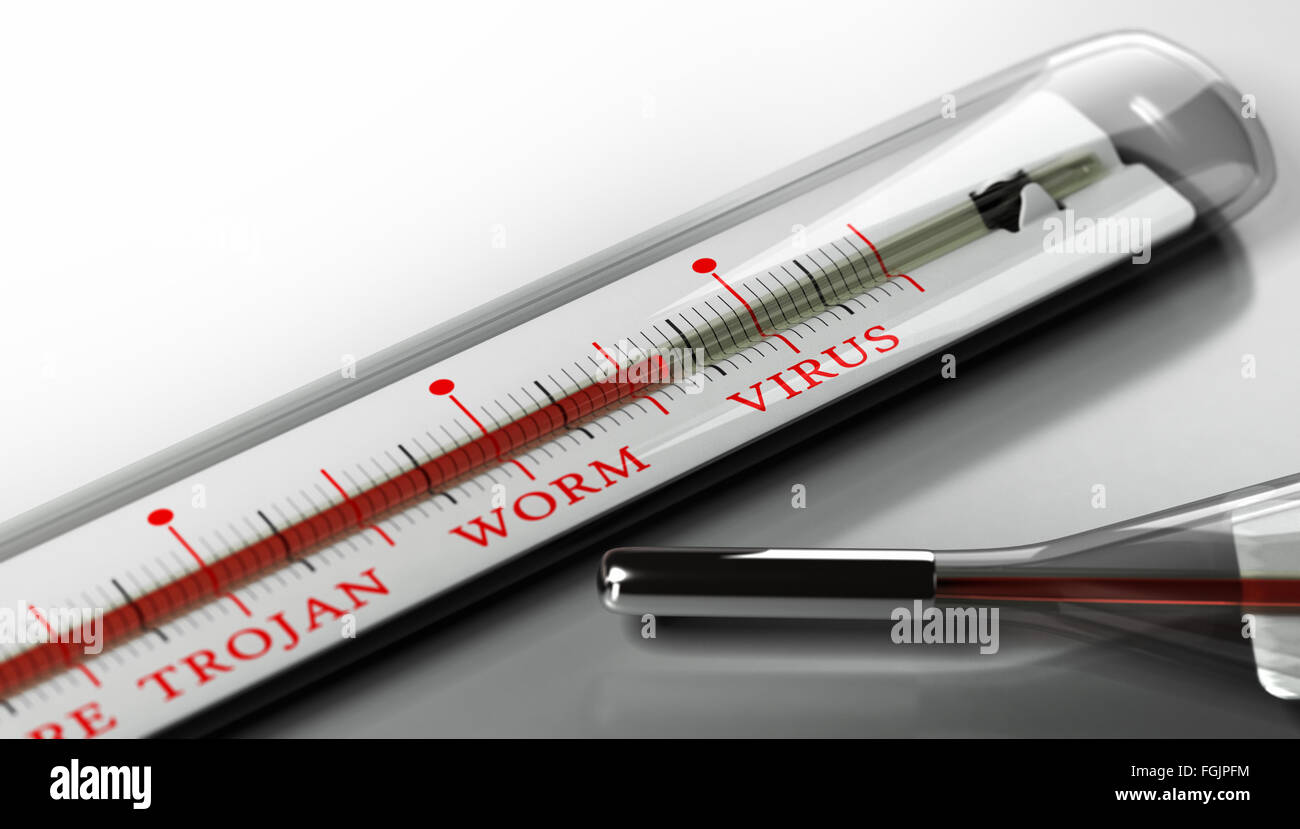 Thermometer mit Text Virus, Wurm und Trojaner auf grauem Hintergrund. Konzept-Bild zur Veranschaulichung der infizierten Computer, secu Stockfoto