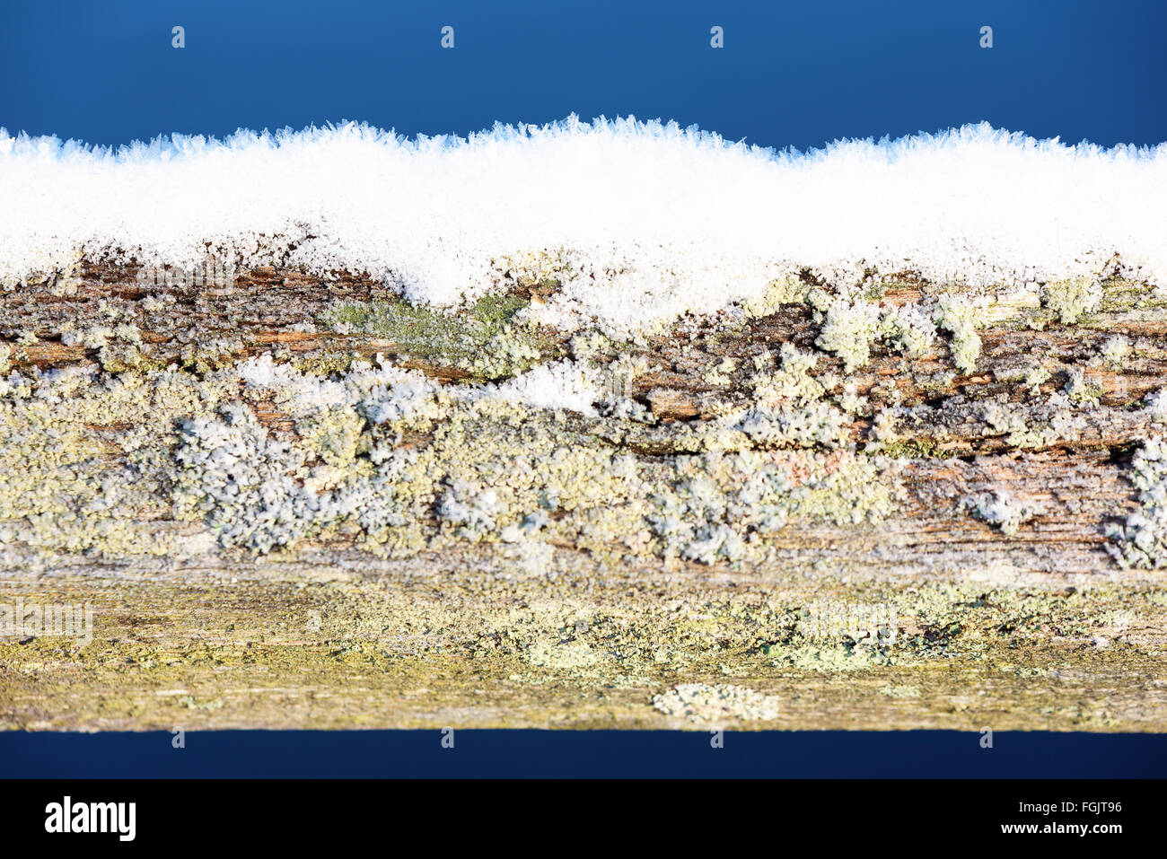 Frost und Schnee auf einem hölzernen Geländer. Engen Fokus auf die frostigen Kristalle auf dem Grat. Blauen Himmel oben. Stockfoto