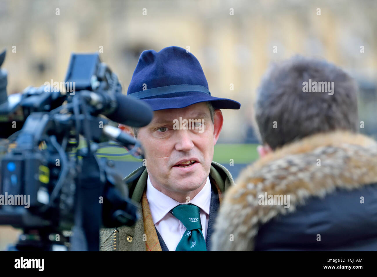 Gawain Towler, UKIP Pressesprecherin, interviewt vom französischen Fernsehen am College Green, Westminster, 19. Februar 2016... Stockfoto