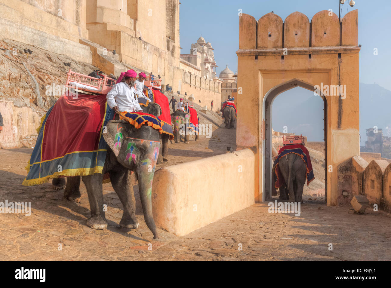Elefanten reiten, Amer Fort, Jaipur, Rajasthan, Indien Stockfoto