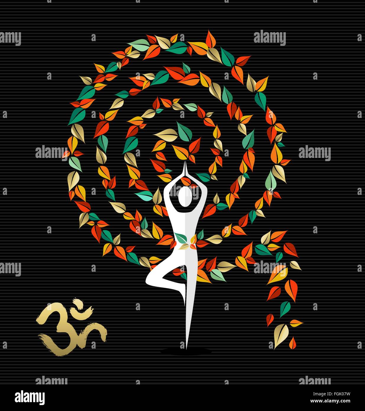 Körpersilhouette Yoga-Pose mit Wirbel von Baumblättern und Om Kalligraphie Element zu tun. EPS10 Vektor. Stock Vektor