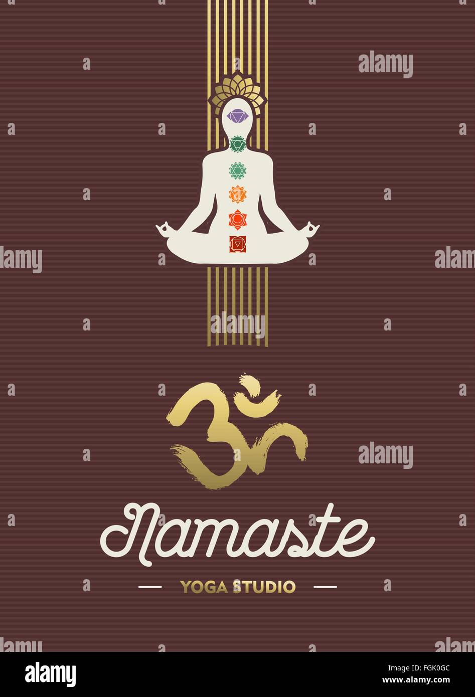 Yoga Studio Business-Template mit Körpersilhouette Lotus Pose und Chakra-Elemente in gold Farbe zu tun. EPS10 Vektor. Stock Vektor