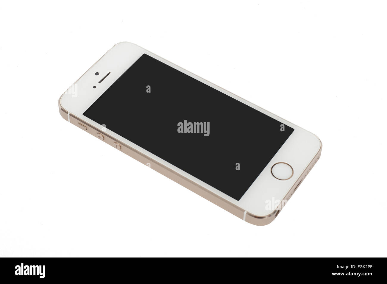Pavlograd, Ukraine - 3. Dezember 2014: Gold Apple iPhone 5 s isoliert auf weißem Hintergrund Stockfoto