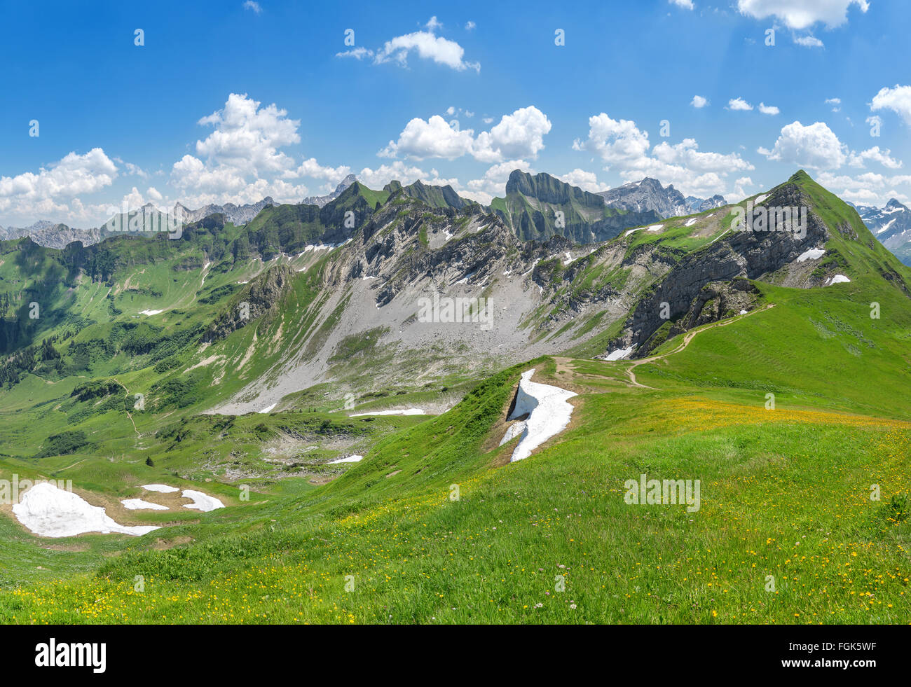 Berglandschaft am Anfang des Sommers in den Allgäu Alpen mit blühenden Wiesen und letzte Schnee bleibt. Stockfoto