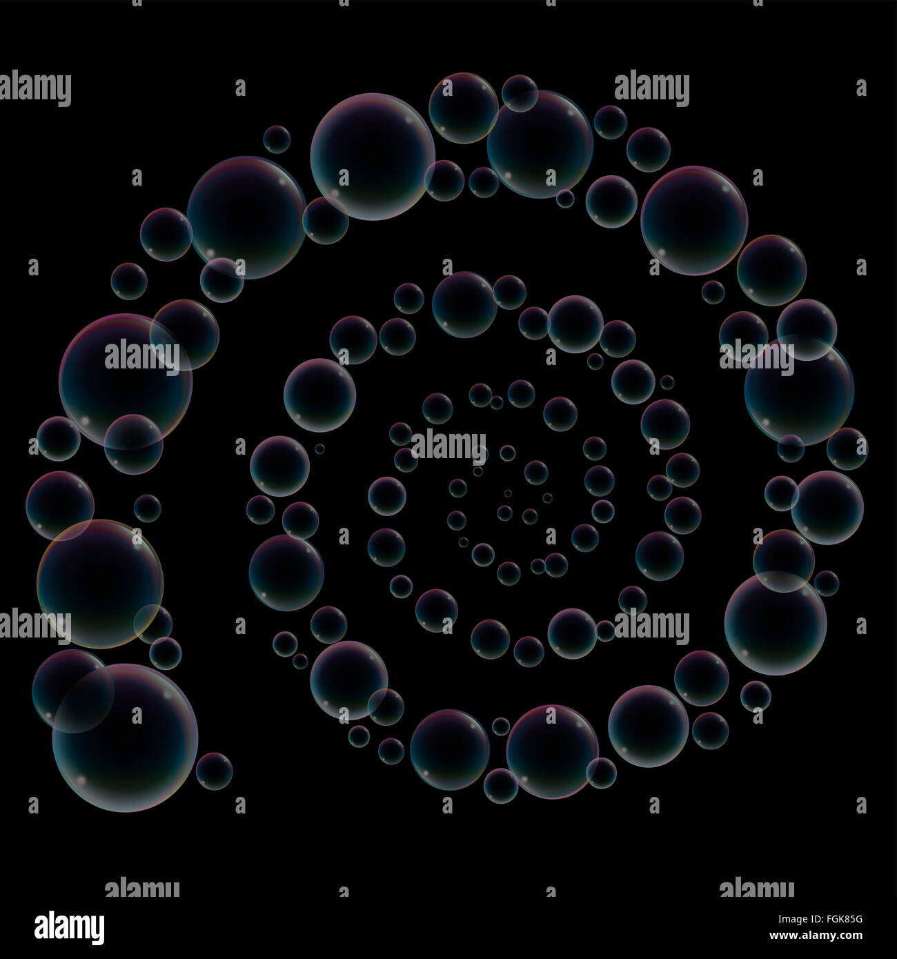 Spirale hergestellt von Seifenblasen - Darstellung auf schwarzem Hintergrund. Stockfoto
