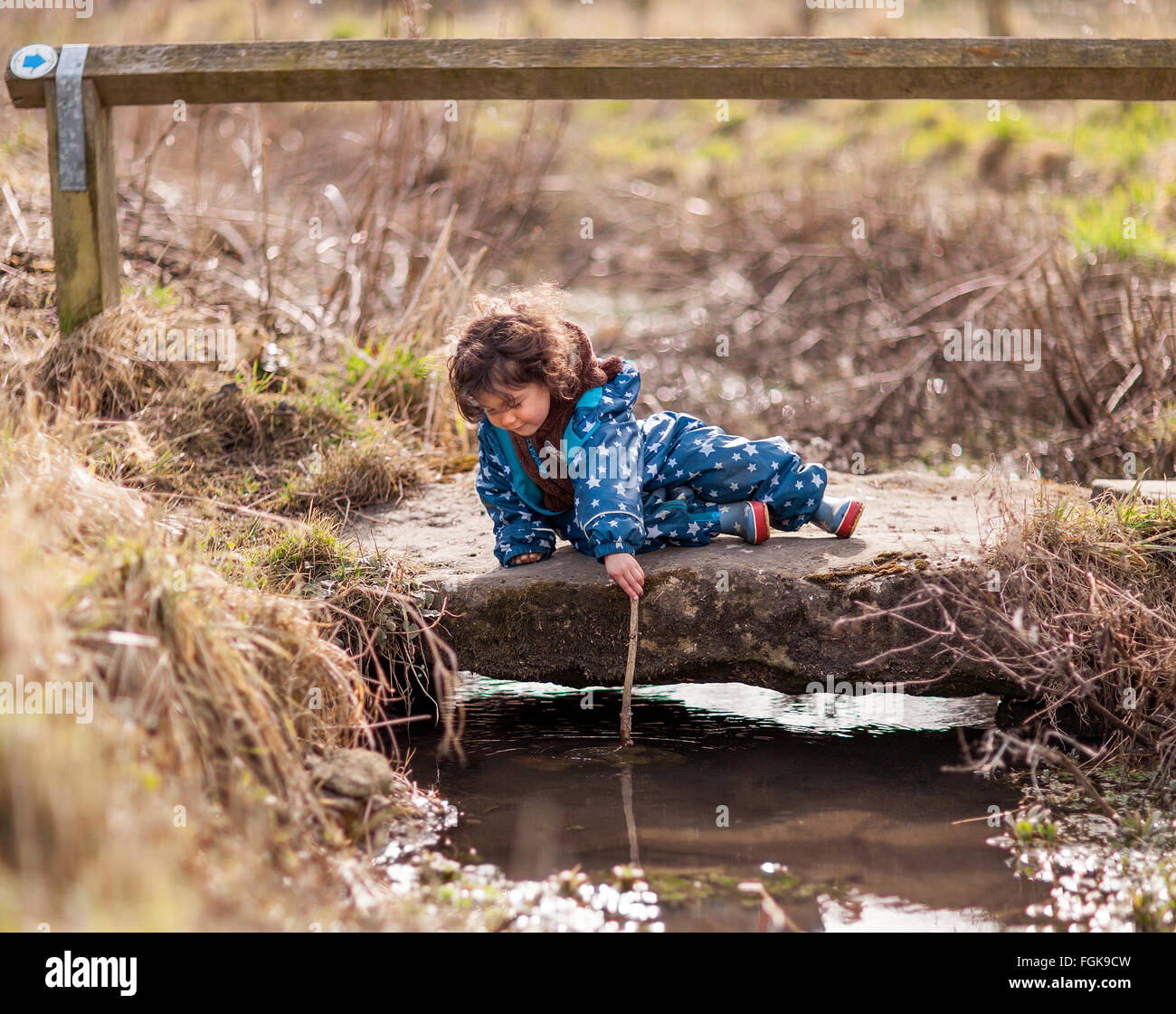Gemischte Rassen drei Jahre alter Junge genießen, spielen mit einem Stock in einem Stream. Stockfoto