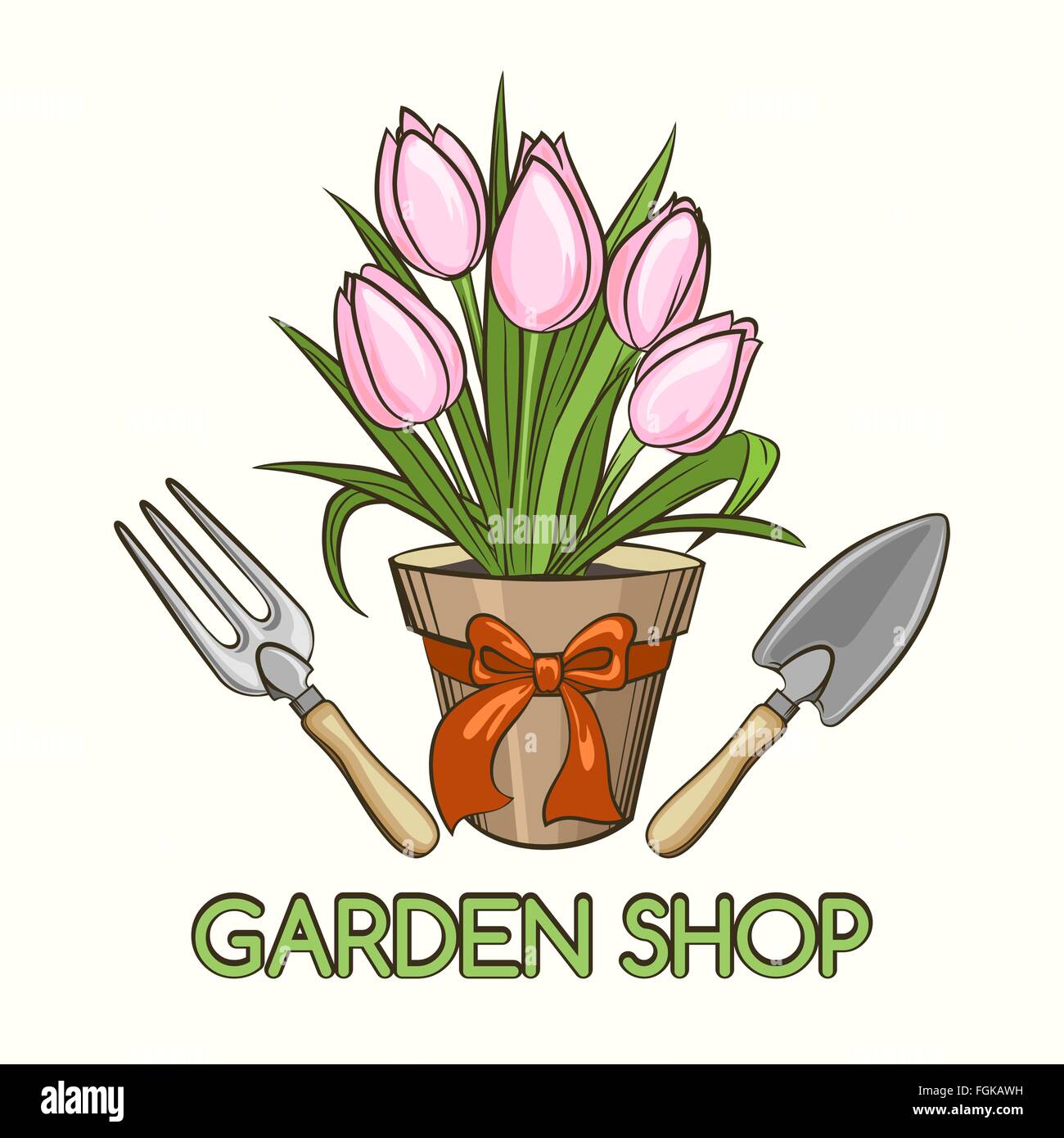 Garten-Shop oder Gartencenter-Emblem. Gabel Schaufel Topf mit Blumen. Kostenlose Schriftart Stock Vektor