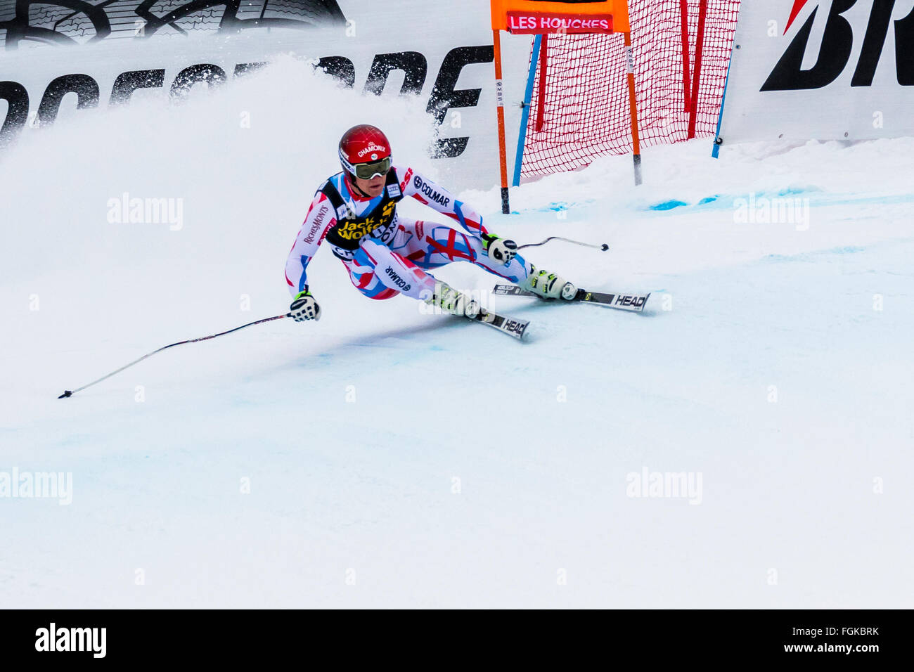 Chamonix, Frankreich. 20. Februar 2016. Junge lokale Chamonix Skifahrer, die Blaise GIEZENDANNER zu einer Überraschung 9.Platz Ski, seine besten Weltcup-Abfahrt fertig. Der Audi FIS World Cup 9. Herrenabfahrt fand in Chamonix Frankreich mit einer "Jour Blanc" (grauer Himmel und diffusem Licht) und einige leichte Schnee. Das Podium war - 1-PARIS Dominik (ITA) 1:58.38 2 - Steven NYMAN (USA) 1:58.73 3 - Beat FEUZ (SUI) 1:58.77 AUDI FIS SKI WORLD CUP 2015/16 Credit: Genyphyr Novak/Alamy Live News Stockfoto