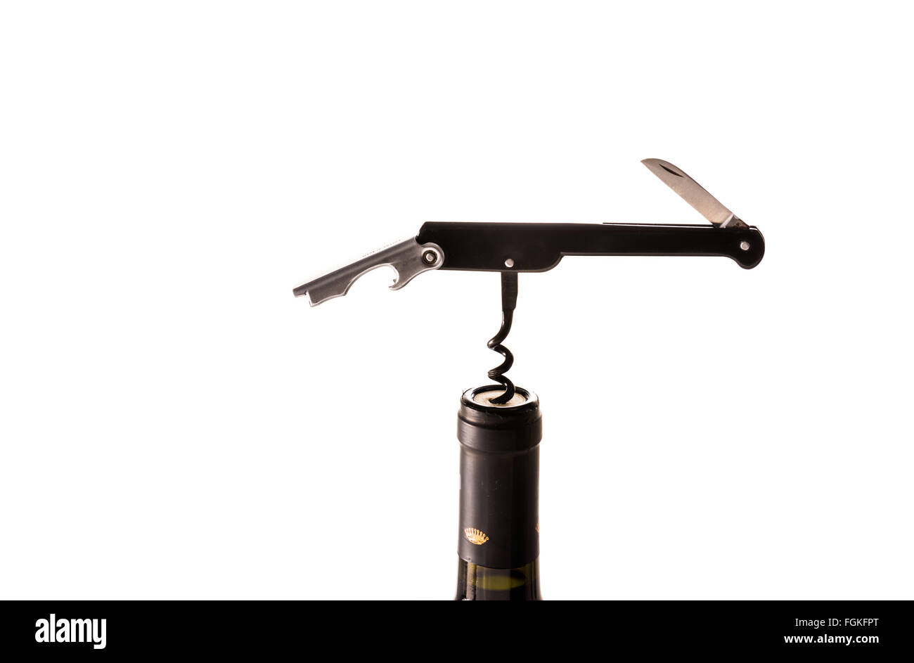 Flasche Wein Öffner offene Spirale Griff ausgeschnitten Stockfoto