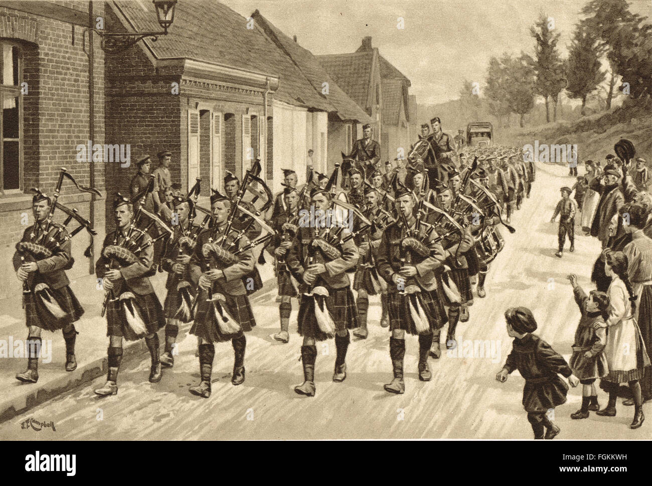 Kanadische Highlanders triumphale Rückkehr von Hügel 70, 1917 Stockfoto