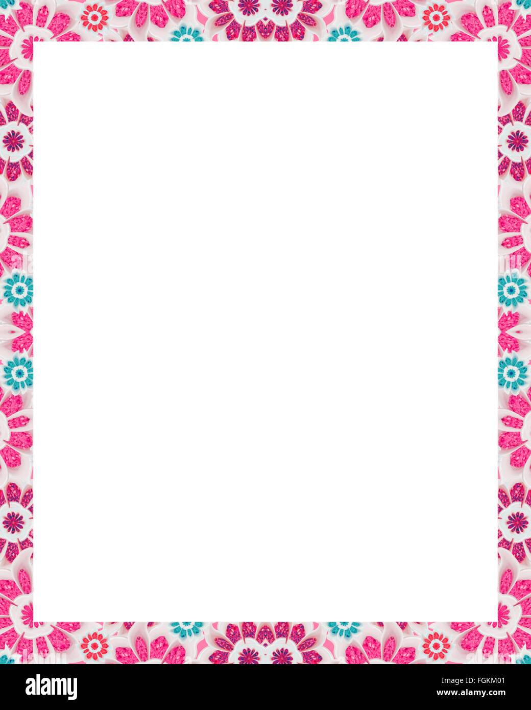 Weißen Hintergrund mit stilisierten Blumen Motiv Design Grenzen in rosa und blaugrünen Tönen. Stockfoto