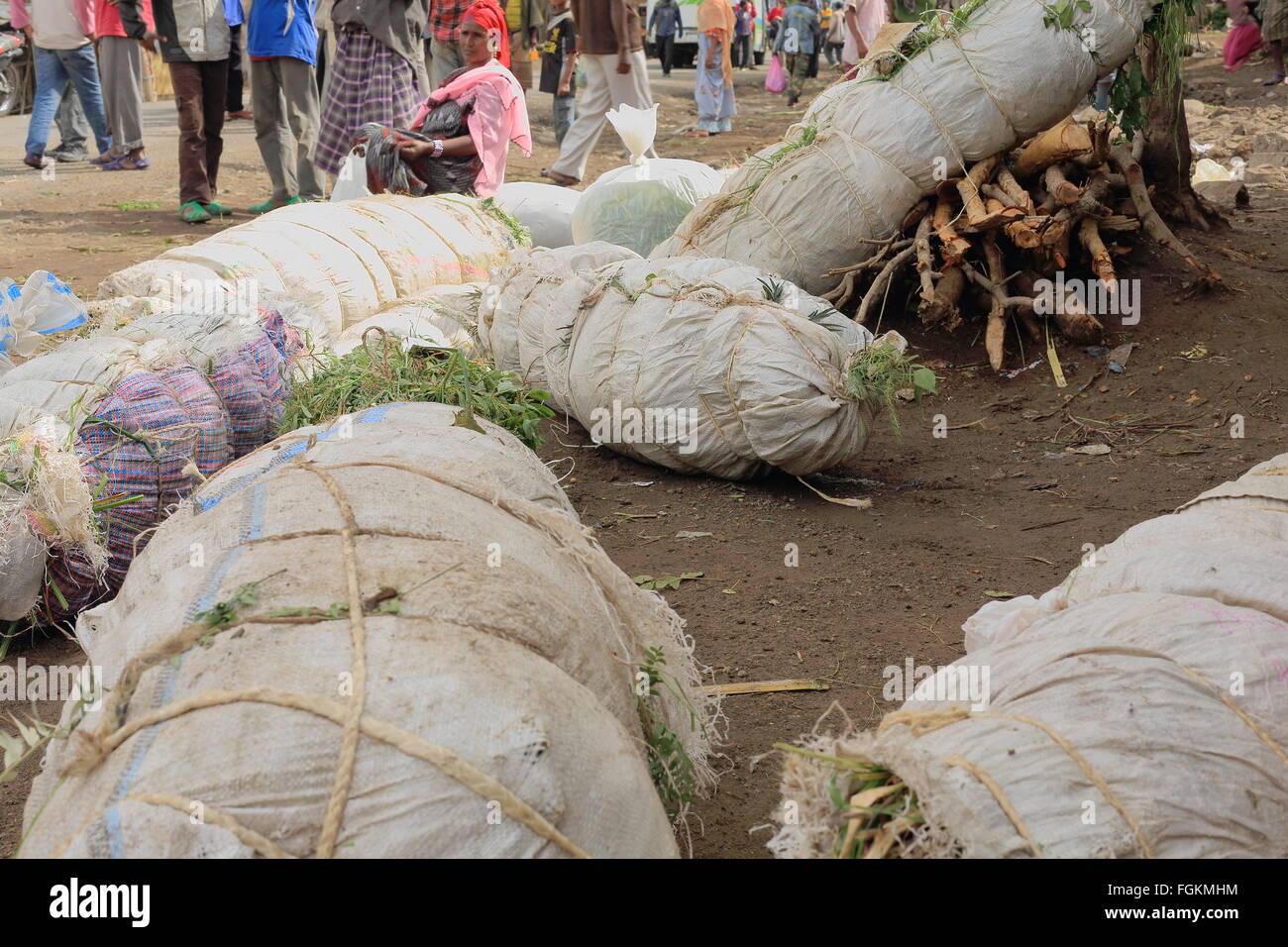 DEGAN, Äthiopien-März 25, 2013: Frau kümmert sich um mehrere Packungen von Khat-Blätter zusammen mit etwas Feuerholz für den lokalen Markt. Stockfoto