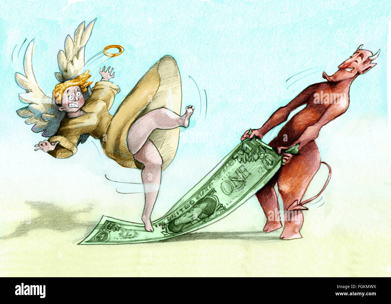 ein kleiner Teufel fällt einen Engel ziehen eine Wolldecke geformt Rechnung, auf der der Engel ging Stockfoto
