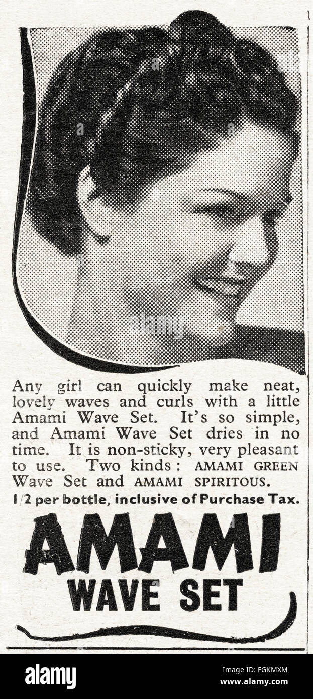 Original Vintage Anzeige aus den 1940er Jahren. Anzeige vom 1947 Werbung Amami Welle gesetzt. Stockfoto