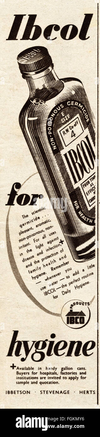 Original Vintage Anzeige aus den 1940er Jahren. Anzeige vom 1947 Werbung Ibcol für die Hygiene von Ibbetson antiseptisch. Stockfoto