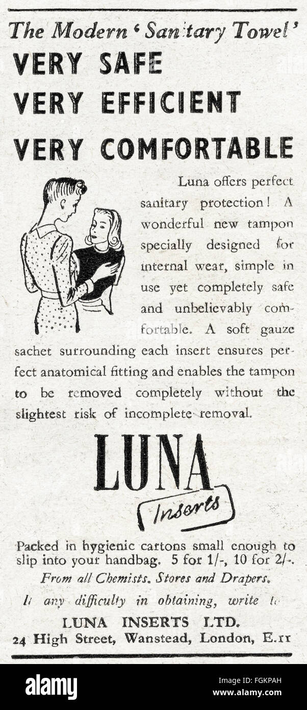 Original Vintage Anzeige aus den 1940er Jahren. Anzeige vom 1947 Werbung Luna fügt sanitären Tampon. Stockfoto