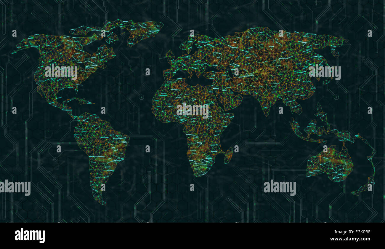 Weltkarte vertreten durch Linien der digitalen Verbindungen. Bild-Konzept der digitalen Welt. Stockfoto