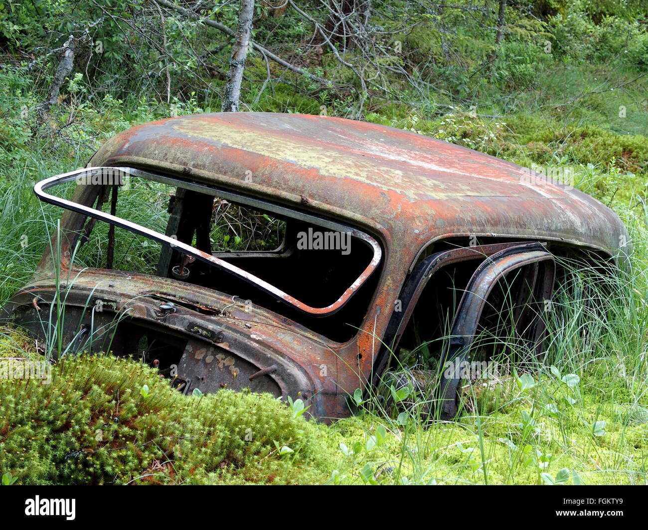 Altes Auto im Morast der rostigen alten Auto versinkt langsam im Morast Stockfoto