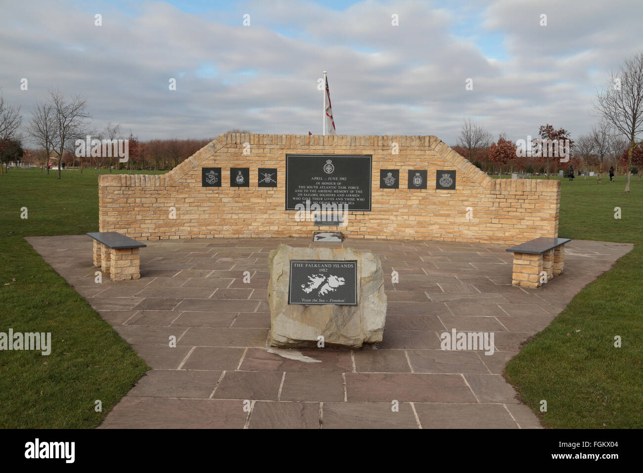 Gedenkstätte an der South Atlantic Task Force (Falkland-Inseln Krieg 1982) am National Memorial Arboretum, Alrewas, UK Stockfoto