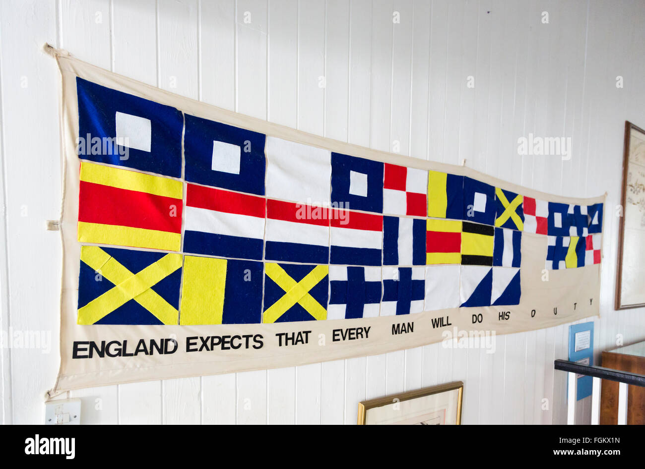 "England erwartet, dass jeder Mann seine Pflicht tun wird" Signalflaggen, Nelsons Dockyard Museum, English Harbour, South Antigua Stockfoto