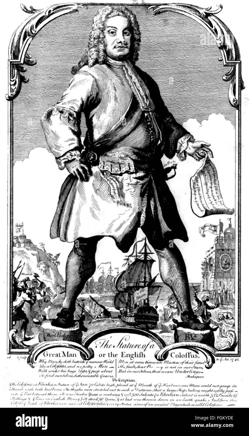 ROBERT WALPOLE (1676-1745) britischer Staatsmann in 1740 Karikatur zeigt ihn als der Koloss von Rhodos aufgrund seiner Zurückhaltung in Konflikt mit Frankreich und Spanien gezogen werden. Stockfoto