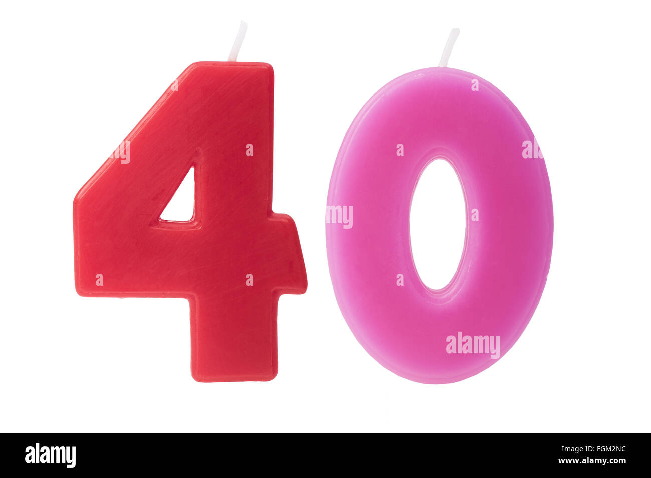 Bunte Geburtstagskerzen in Form der Zahl 40 auf weißem Hintergrund Stockfoto