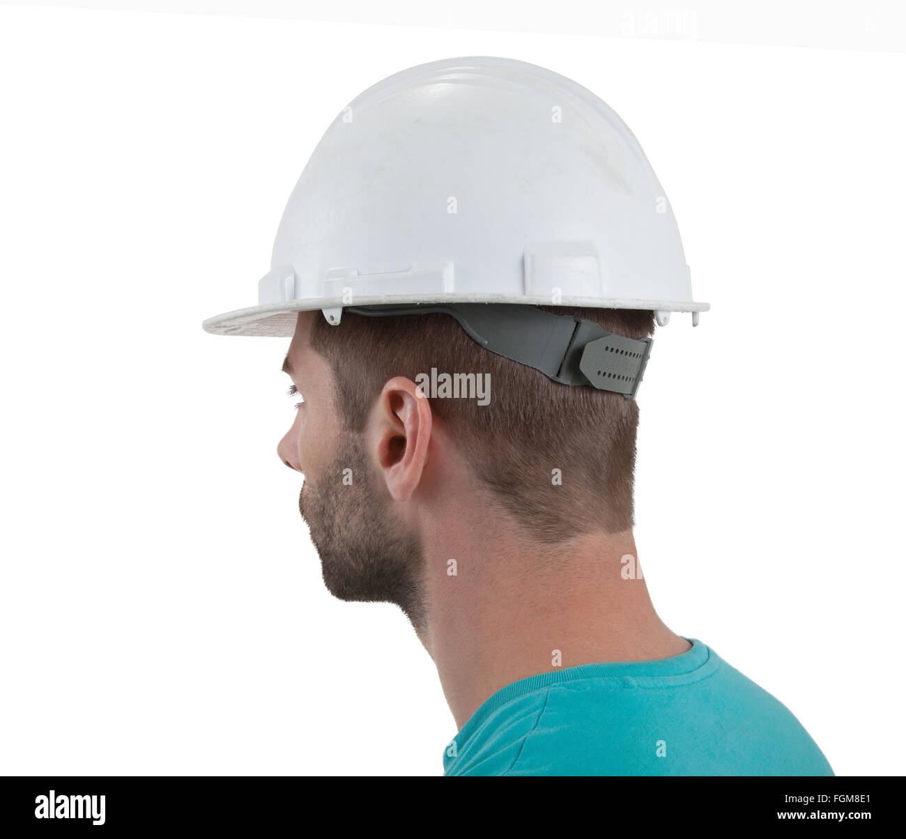 Ingenieur mit Bauarbeiterhelm auf weißem Hintergrund, isoliert Stockfoto
