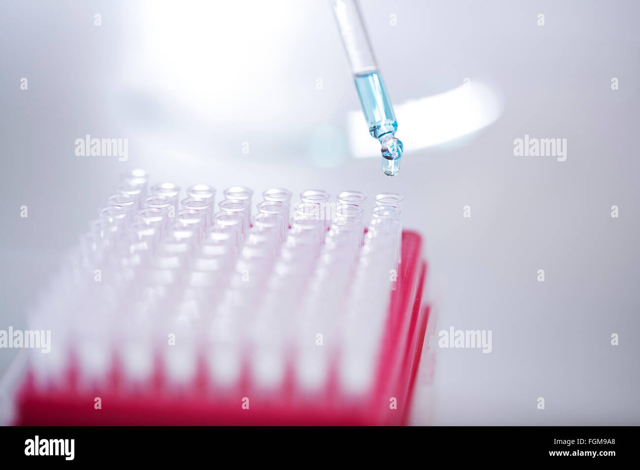 Blaue Flüssigkeit tropft aus der Pipette in Reagenzglas Stockfoto