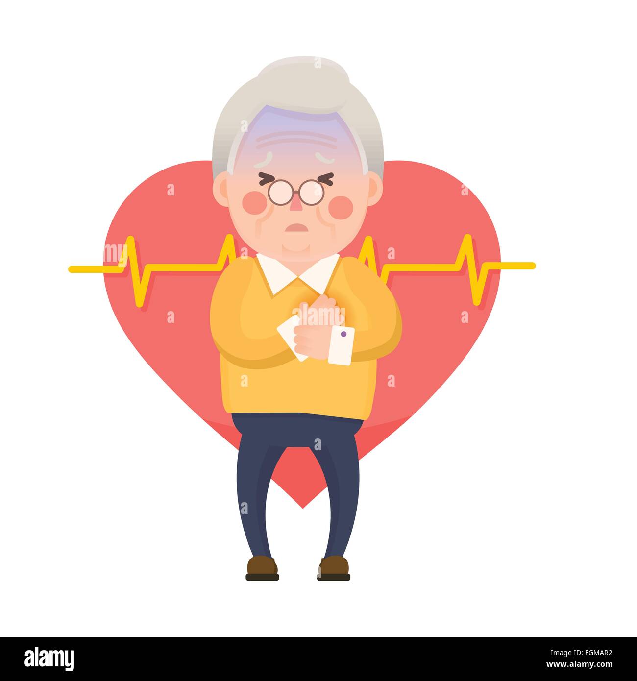 Vector Illustration der Greis, Schmerzen in der Brust, Herz brennen, Herzinfarkt Cartoon Charakter Stock Vektor