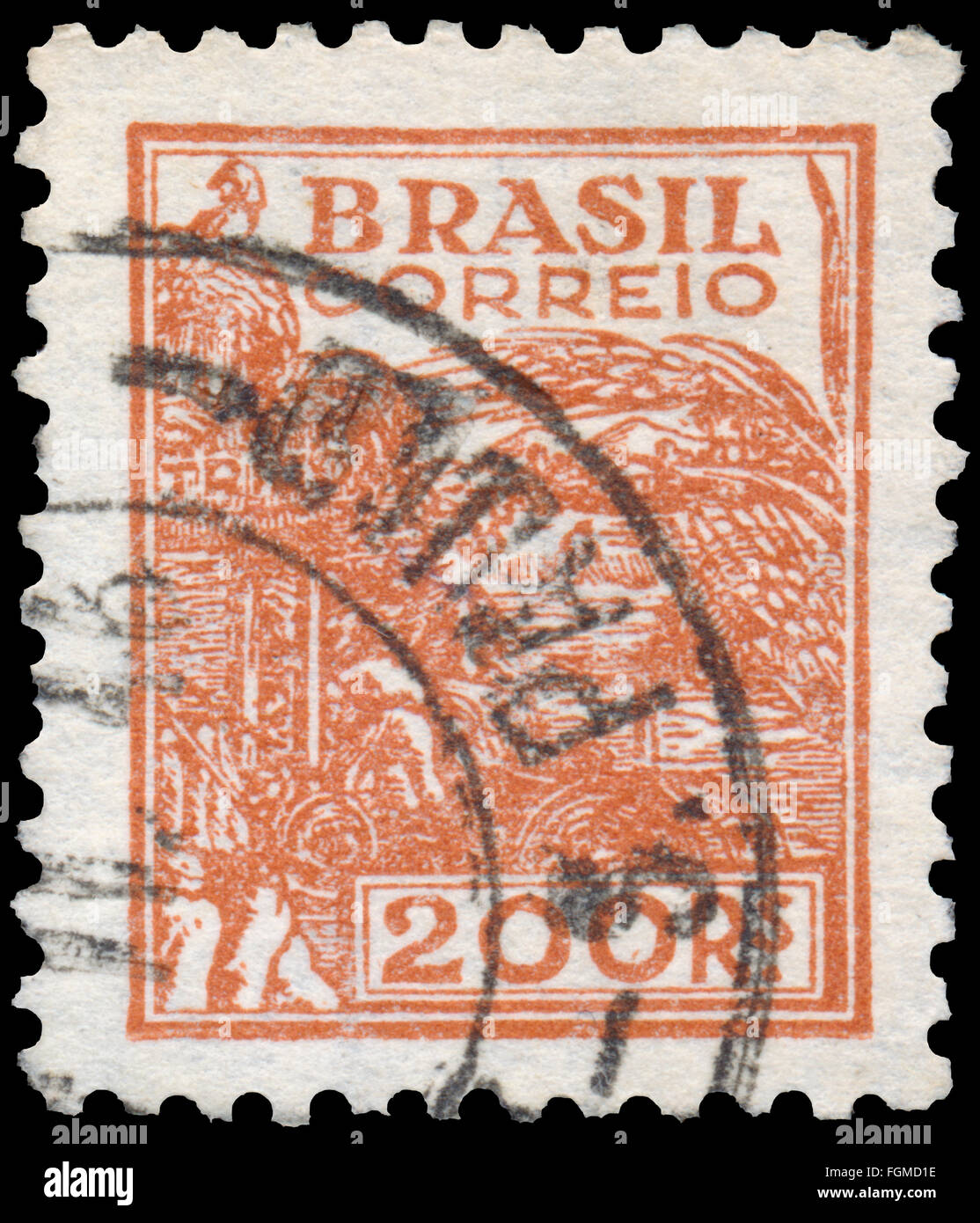 BUDAPEST, Ungarn - 20. Februar 2016: eine Briefmarke gedruckt in Brasilien zeigt Weizen Erntemaschinen, ca. 1941 Stockfoto