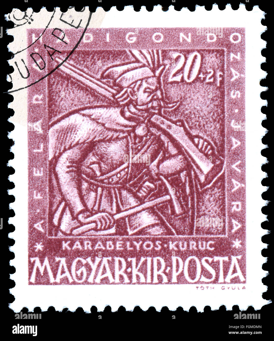 BUDAPEST, Ungarn - 3. Februar 2016: eine Briefmarke gedruckt von Ungarn, zeigt Musketier, ca. 1943 Stockfoto