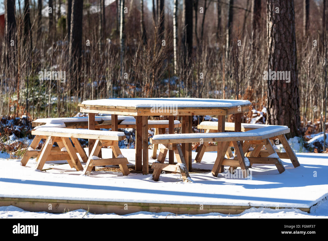 Eine achteckige Gartenmöbel set im Wald im Winter. Stockfoto