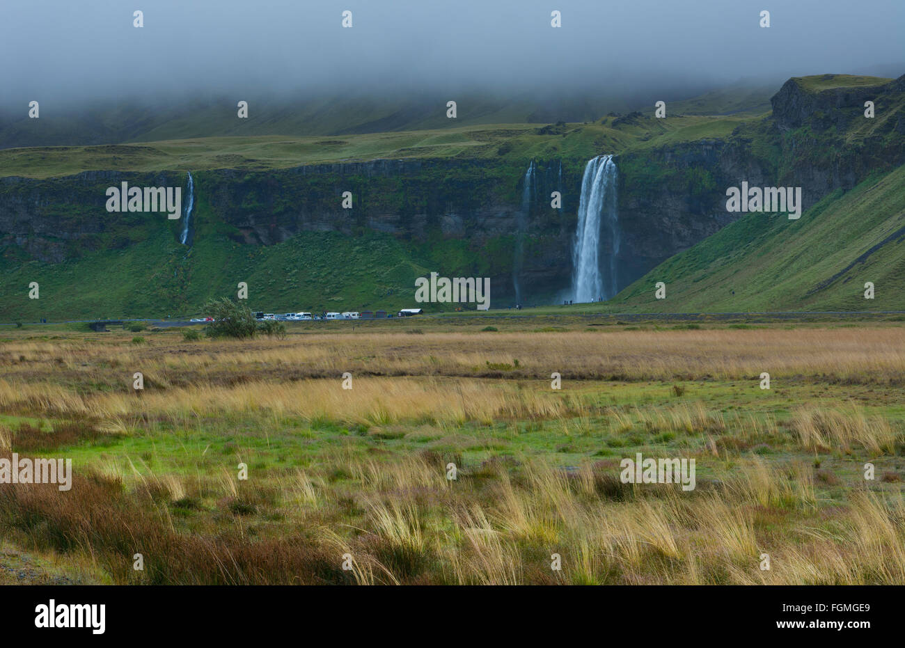 Island Seljalandsfoss Wasserfälle berühmten Wasserfällen in Südisland mit 180 Fuß oder 60 Meter fallen des Wassers Stockfoto