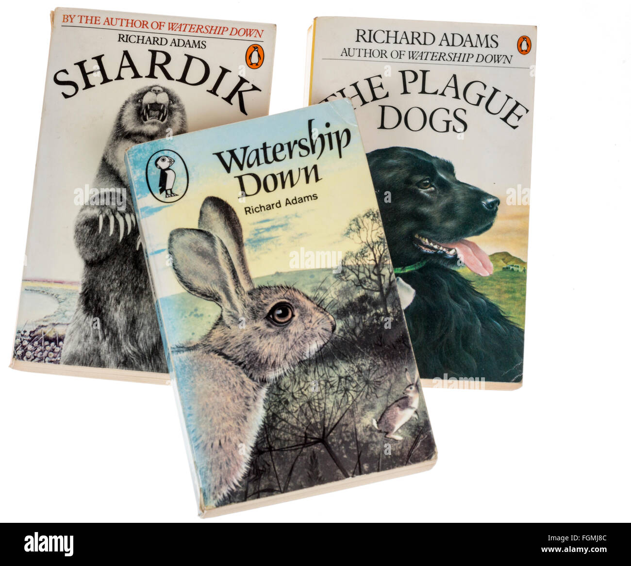 Werke von Richard Adams Taschenbuch von Puffin, Shardik, Watership Down und The Plague Dogs Stockfoto