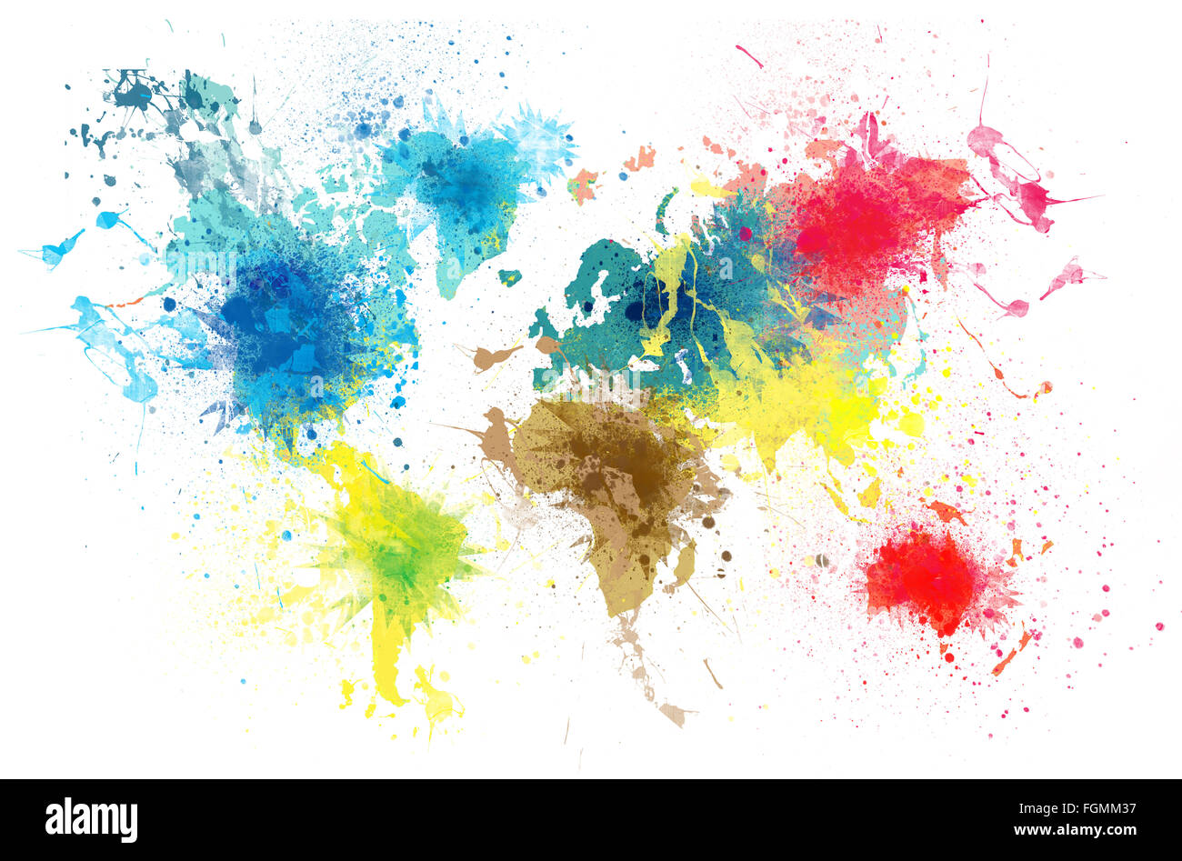 Weltkarte mit Farbe Spritzer Stockfoto