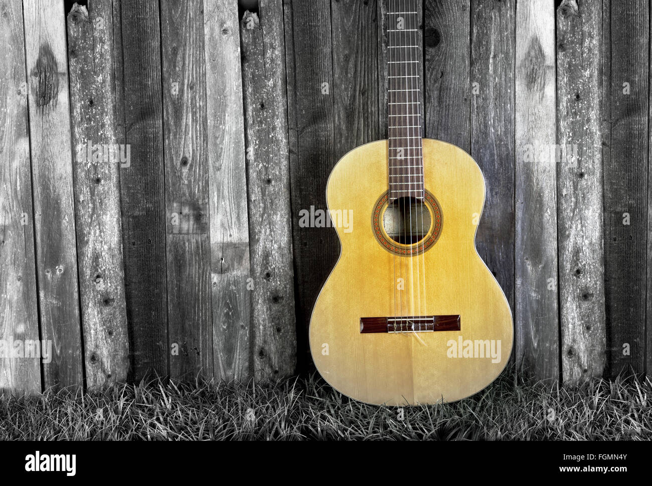 Gitarre gegen Zaun in Farbe und schwarz & weiß mit Platz für Ihren Typ. Stockfoto