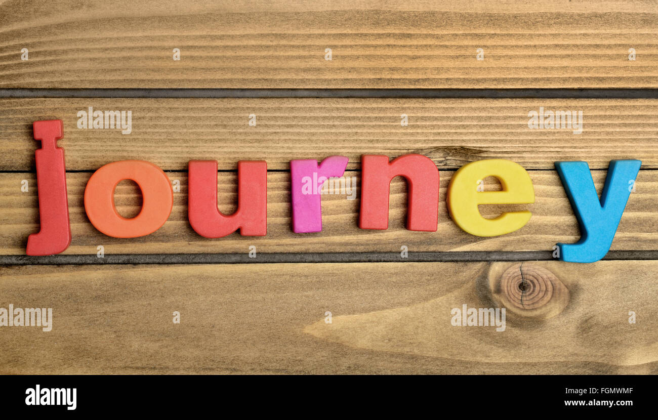 Reise-Wort auf Holztisch Stockfoto