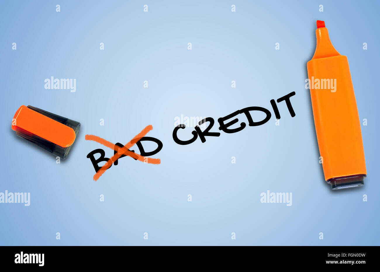 Schlechte Kredit Wort auf blauem Hintergrund Stockfoto