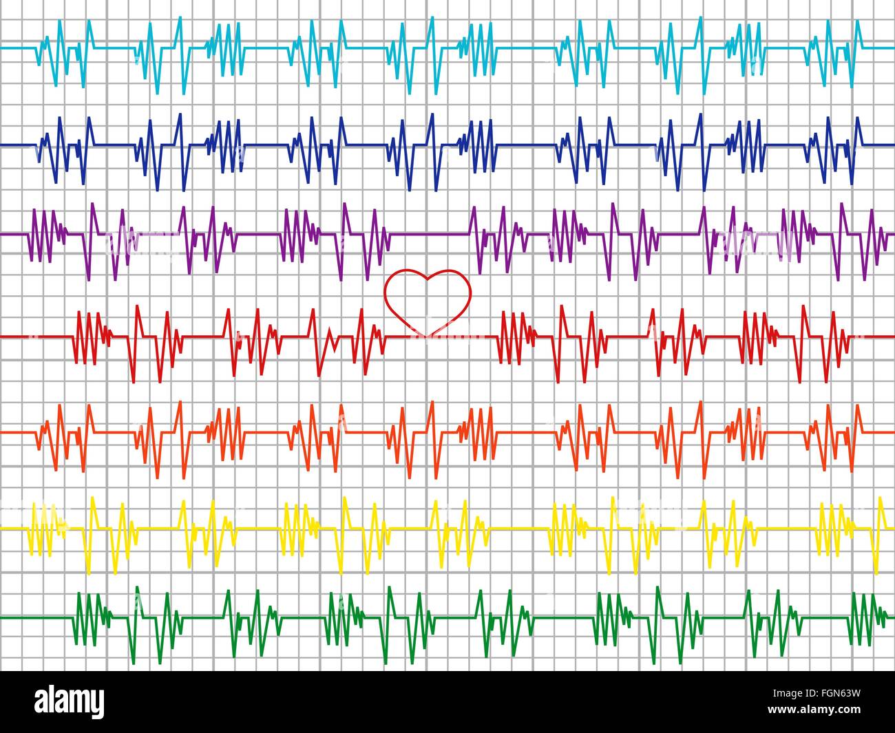 Satz von sieben abstrakte farbige Grafiken auf dem EKG Band, Vektor-illustration Stock Vektor