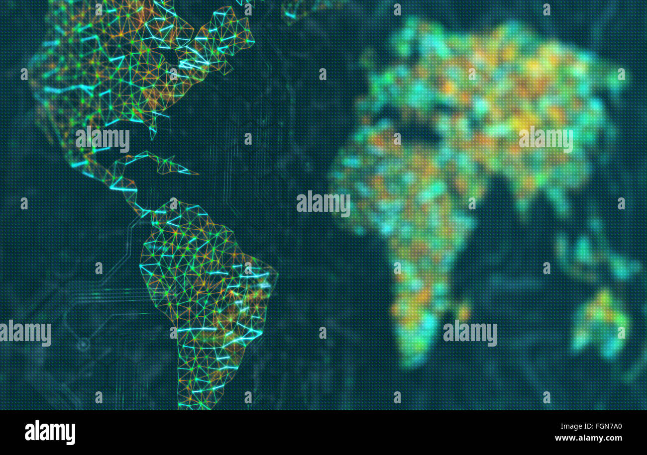 Die Weltkarte von beleuchteten Digitalanschlüsse vertreten. 3D-Bild mit Schärfentiefe auf einem LED-Bildschirm. Stockfoto
