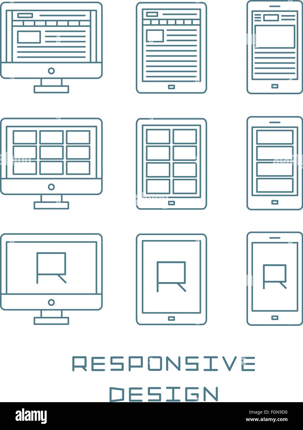 Linie Symbole flache Bühnenbild ansprechende Web Development Service Website Webseite Benutzeroberfläche auf verschiedenen Geräten. Moderne Vektor-Piktogramm-Sammlung. Stock Vektor