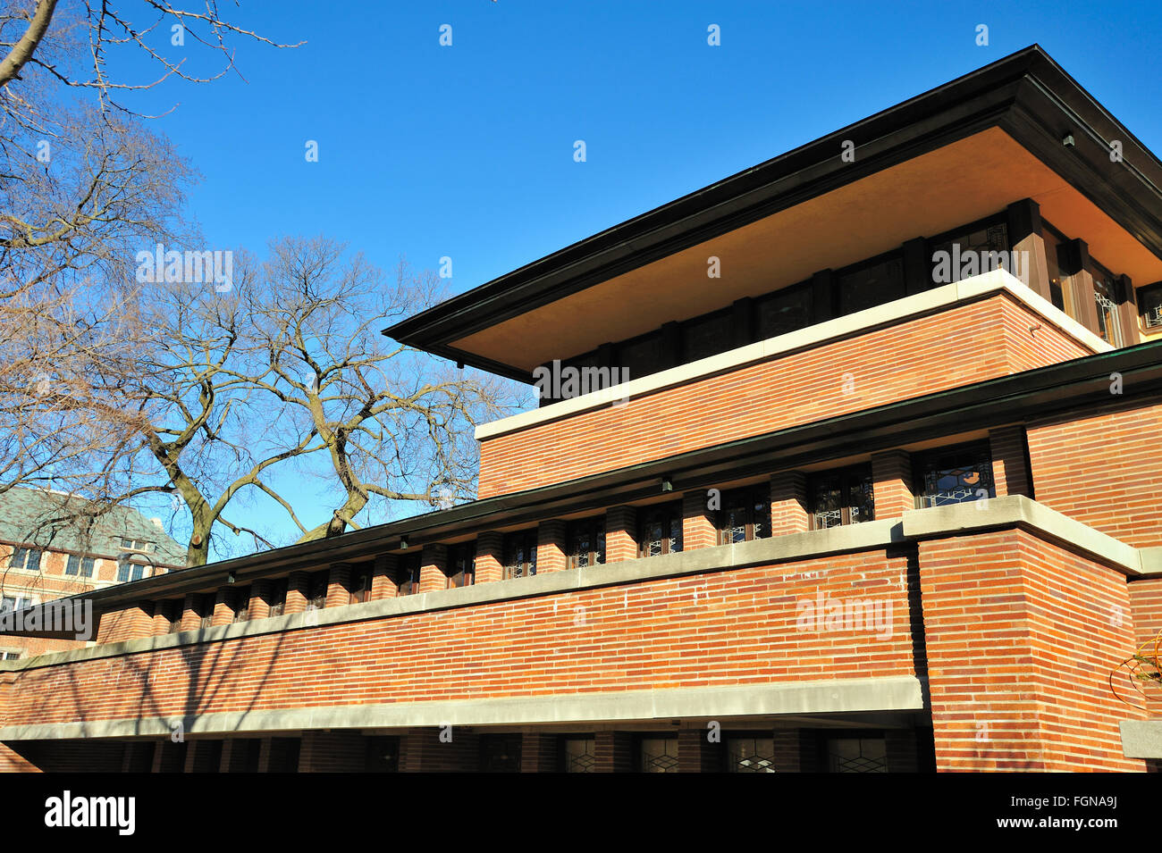 Die Frederick C. Robie House, einem Frank Lloyd Wright home zwischen 1908-10 errichtet. Chicago, Illinois, USA. Stockfoto