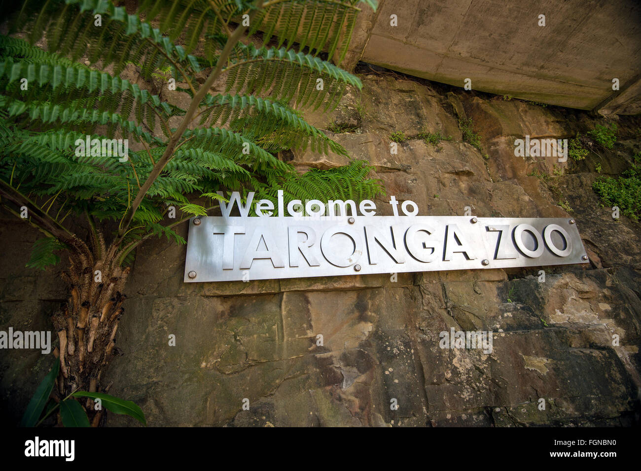 Sydney, Australien - 9. November 2015: Taronga Zoo Schild montiert auf den Felsen am Eingang. Taronga Zoo wird von der Zoologischen Stockfoto