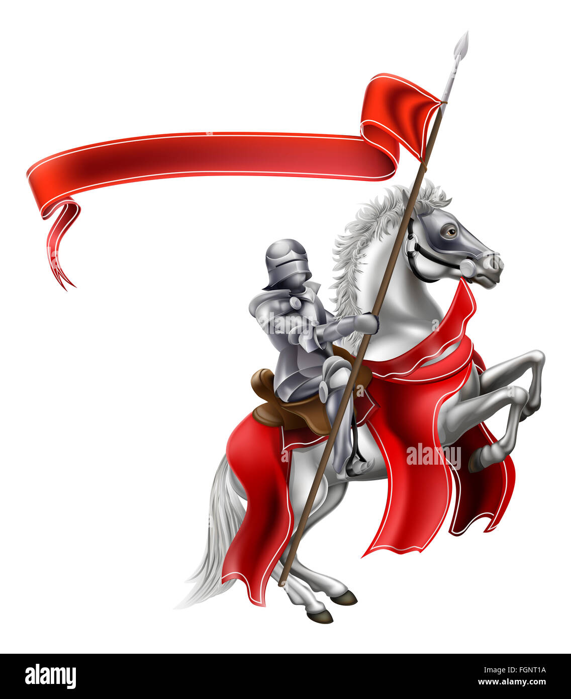 Ein mittelalterlicher Ritter in glänzender Rüstung auf der Rückseite der Aufzucht Schimmels hält ein rotes banner Stockfoto