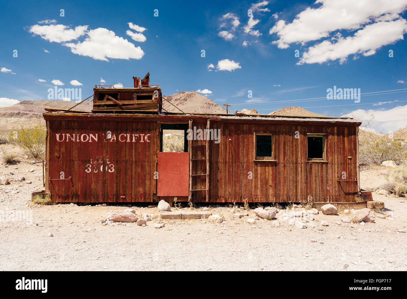 Eine verlassene Waggon in der Wüste Geisterstadt Rhyolite, Nevada Stockfoto